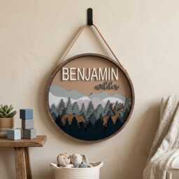 Personalized Woodland Nursery Name Sign, Mountain Forest Wall Decor, Custom Deer Round Wooden Baby Plaque - thumbnail 1