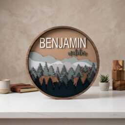 Personalized Woodland Nursery Name Sign, Mountain Forest Wall Decor, Custom Deer Round Wooden Baby Plaque - thumbnail 4