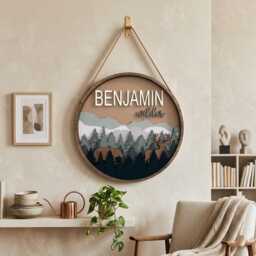 Personalized Woodland Nursery Name Sign, Mountain Forest Wall Decor, Custom Deer Round Wooden Baby Plaque - thumbnail 3