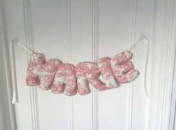 Personalised Name Banner, Pink Toile De Jouy . Baby Wall Hanging. Shower Gift. Garland. Nursery French Decor - thumbnail 1