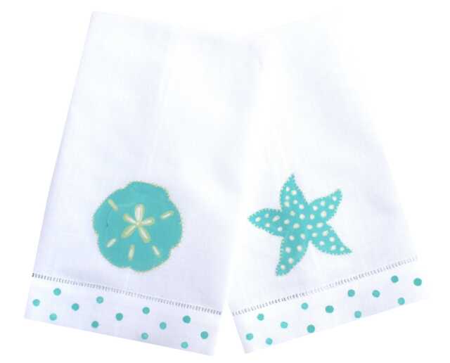 Aqua Sea Shell Linen Guest Towel Set Coastal Powder Room Decor - image 1