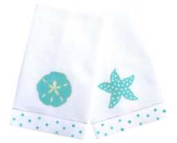 Aqua Sea Shell Linen Guest Towel Set Coastal Powder Room Decor