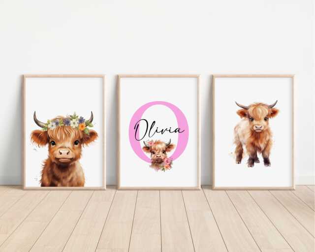 Set Of 3 Personalised Highland Cow Prints, Farm Animal Bedroom Decor, Nursery Wall Art, Kids Room Print, House Decor - image 1