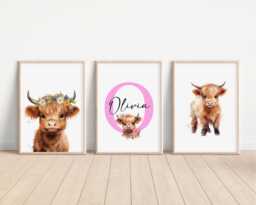Set Of 3 Personalised Highland Cow Prints, Farm Animal Bedroom Decor, Nursery Wall Art, Kids Room Print, House Decor - thumbnail 1