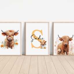 Set Of 3 Personalised Highland Cow Prints, Farm Animal Bedroom Decor, Nursery Wall Art, Kids Room Print, House Decor - thumbnail 3