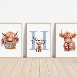 Set Of 3 Personalised Highland Cow Prints, Farm Animal Bedroom Decor, Nursery Wall Art, Kids Room Print, House Decor - thumbnail 2
