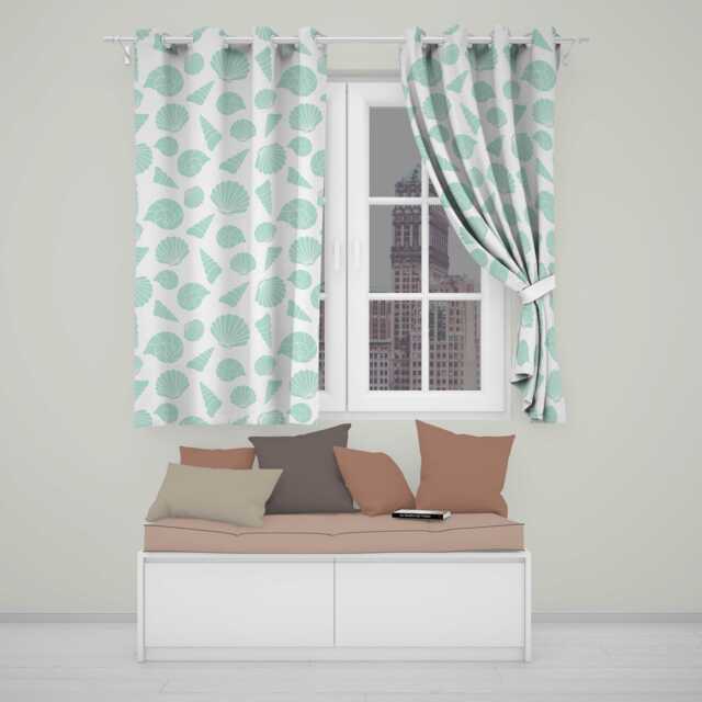 Cute Sea Shells Blue Beige Minimal Seamless Pattern Readymade Eyelet Ring Top Thermal 100% Blackout Curtains - image 1