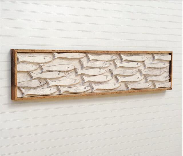 Fish Wall Art Nautical Decor Framed Minnow School Wooden Beach - image 1