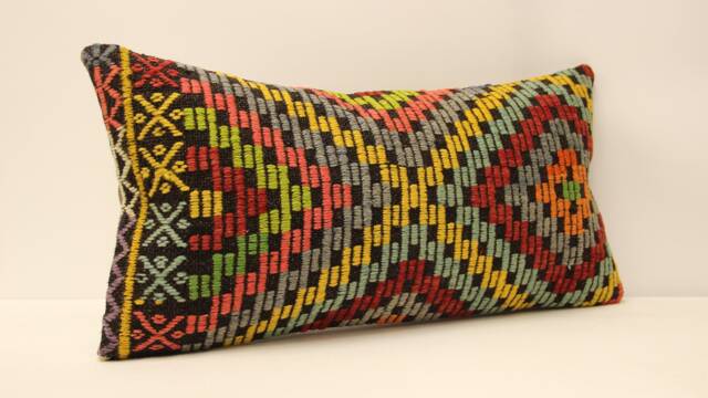Throw Kilim Pillow 12x24 Inch - 30x60 cm Vintage Rug Turkish Pillow Cushion Art Deco Lumbar Cover 4Oaf-314 - image 1