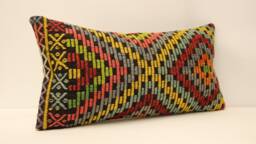 Throw Kilim Pillow 12x24 Inch - 30x60 cm Vintage Rug Turkish Pillow Cushion Art Deco Lumbar Cover 4Oaf-314