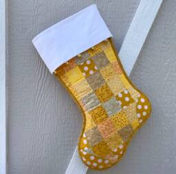 Scrappy Quilted Christmas Stocking, Yellow & Gold Patchwork, Large Size, Flannel Cuff & Jingle Bells, Fully Lined, Personalized Free - thumbnail 1