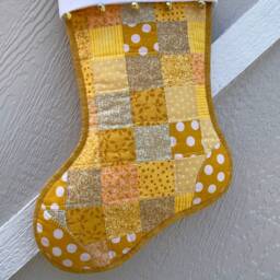 Scrappy Quilted Christmas Stocking, Yellow & Gold Patchwork, Large Size, Flannel Cuff & Jingle Bells, Fully Lined, Personalized Free - thumbnail 2
