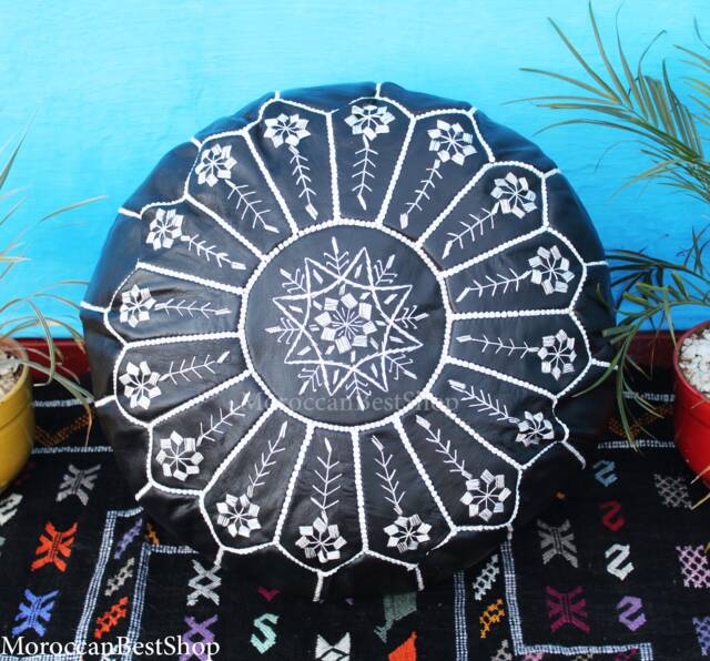 Handmade Black Leather Moroccan Pouf Floor Ottoman Footstool - image 1