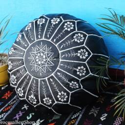 Handmade Black Leather Moroccan Pouf Floor Ottoman Footstool - thumbnail 3