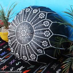 Handmade Black Leather Moroccan Pouf Floor Ottoman Footstool - thumbnail 2