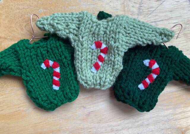 Hand-Knit Christmas Sweater Ornament, Candy Cane Applique - image 1