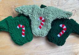 Hand-Knit Christmas Sweater Ornament, Candy Cane Applique - thumbnail 1