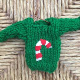 Hand-Knit Christmas Sweater Ornament, Candy Cane Applique - thumbnail 3