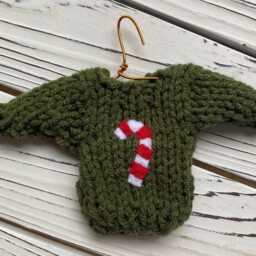 Hand-Knit Christmas Sweater Ornament, Candy Cane Applique - thumbnail 2