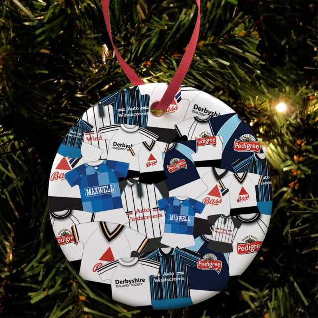 Derby Kit Mash Retro Shirt Christmas Tree Decoration Bauble Flat Ceramic Great Gift Football Gifts Printed in UK County Rams