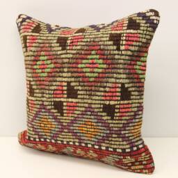 Handmade Turkish Kilim Pillow Cover, Boho Home Decor - 16x16 Inch - thumbnail 3