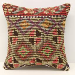 Handmade Turkish Kilim Pillow Cover, Boho Home Decor - 16x16 Inch - thumbnail 1