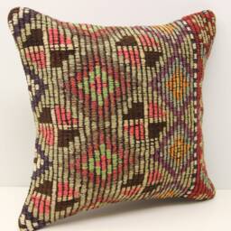 Handmade Turkish Kilim Pillow Cover, Boho Home Decor - 16x16 Inch - thumbnail 2