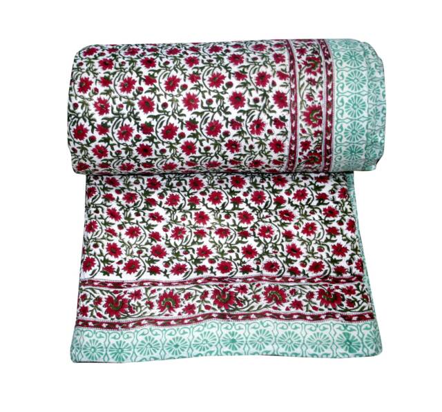 Floral Kantha Quilt Hand Block Print Reversible Indian Throw Quilt - image 1