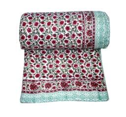 Floral Kantha Quilt Hand Block Print Reversible Indian Throw Quilt - thumbnail 1