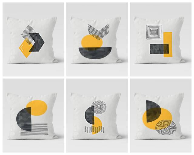 Abstract Cushion Cover-Geometric Pillow Case-Yellow Grey Case-Modern Cover-Gift For Her Cushion-Handmade Material - image 1