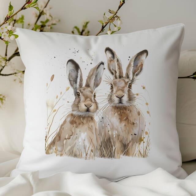 Spring Hares Cushion, Watercolour Rabbit Pillow, Country Living Cushion For The Home, Wildlife Lovers Gift, Bunny Gift Her, Hare Artwork - image 1