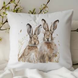 Spring Hares Cushion, Watercolour Rabbit Pillow, Country Living Cushion For The Home, Wildlife Lovers Gift, Bunny Gift Her, Hare Artwork - thumbnail 1