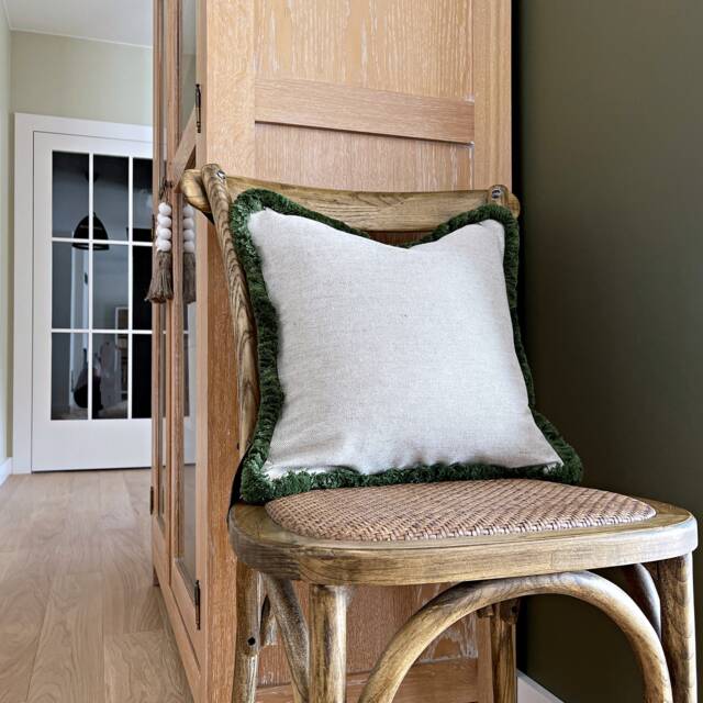 Beige Linen Pillow Cover Green Fringe, Modern Country Pillowcase - image 1