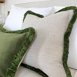Beige Linen Pillow Cover Green Fringe, Modern Country Pillowcase - thumbnail 2