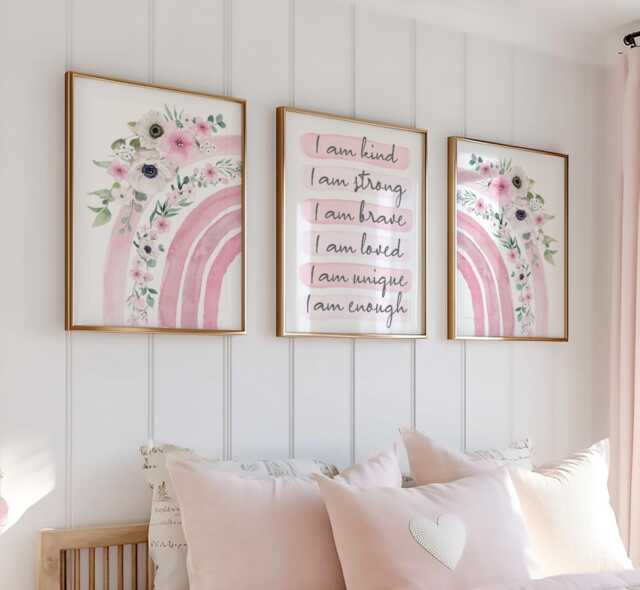 Rainbow Watercolor Girls Prints, Positive Affirmation Wall Art Set, Little Bedroom Art, Girly Pink Decor - image 1