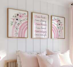 Rainbow Watercolor Girls Prints, Positive Affirmation Wall Art Set, Little Bedroom Art, Girly Pink Decor - thumbnail 1