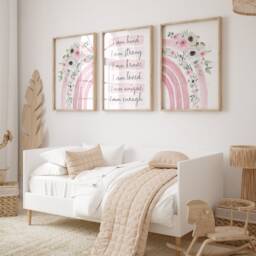 Rainbow Watercolor Girls Prints, Positive Affirmation Wall Art Set, Little Bedroom Art, Girly Pink Decor - thumbnail 2