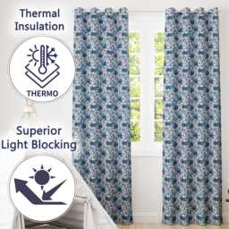 Blue Floral Blossom Botanical Seamless Pattern Readymade Eyelet Ring Top Thermal 100% Blackout Curtains - thumbnail 3