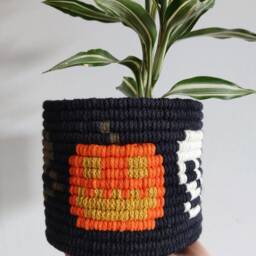 Skull Pumpkin Macrame Plant Pot Cover, Gothic Spooky Decor, Recycled Cotton Cord - thumbnail 3