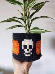Skull Pumpkin Macrame Plant Pot Cover, Gothic Spooky Decor, Recycled Cotton Cord