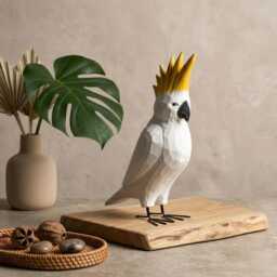 Whimsical Hand-Carved Wooden Cockatoo Figurine - Geometric Tropical Bird Sculpture Modern Coastal Decor Unique Gift For Lovers - thumbnail 2