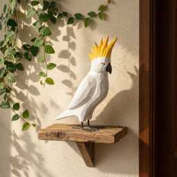 Whimsical Hand-Carved Wooden Cockatoo Figurine - Geometric Tropical Bird Sculpture Modern Coastal Decor Unique Gift For Lovers - thumbnail 4