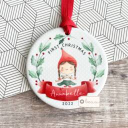 Personalised Baby Babies Baby's First Christmas Boy Girl Newborn Holly Elf Pixie Design Ceramic Round Ornament Keepsake - thumbnail 2