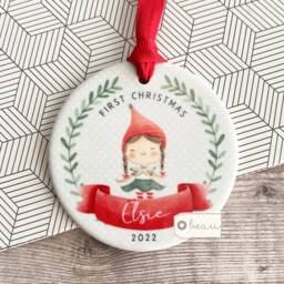 Personalised Baby Babies Baby's First Christmas Boy Girl Newborn Holly Elf Pixie Design Ceramic Round Ornament Keepsake - thumbnail 3