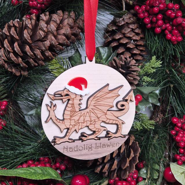 Christmas Welsh Dragon Wooden Tree Bauble Gift, Cymru Hanger, Nadolig Llawen Or Add Own Text, Rugby Football Fan Gift - image 1
