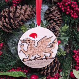 Christmas Welsh Dragon Wooden Tree Bauble Gift, Cymru Hanger, Nadolig Llawen Or Add Own Text, Rugby Football Fan Gift - thumbnail 1