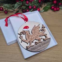 Christmas Welsh Dragon Wooden Tree Bauble Gift, Cymru Hanger, Nadolig Llawen Or Add Own Text, Rugby Football Fan Gift - thumbnail 3