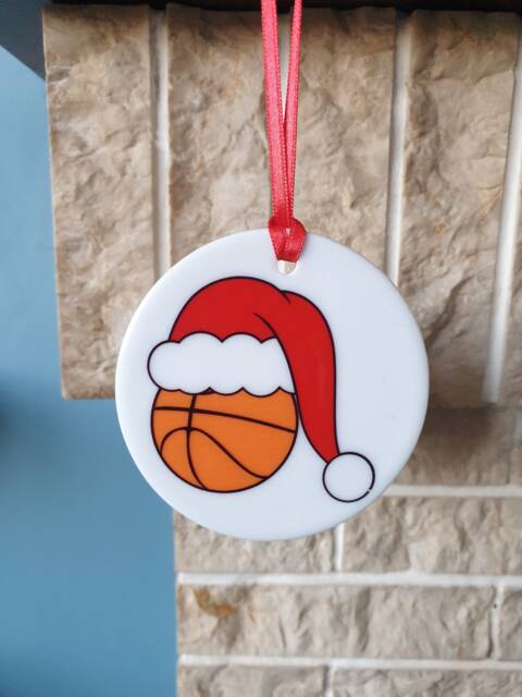 Basketball With Christmas Hat Ceramic Tree Decoration - image 1
