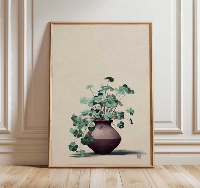 Minimalist Plant Art, Oxalis in Clay Vase, Japanese Still Life Print, Modern Botanical Wall Zen Home Decor Poster - image 1