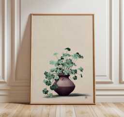 Minimalist Plant Art, Oxalis in Clay Vase, Japanese Still Life Print, Modern Botanical Wall Zen Home Decor Poster - thumbnail 1